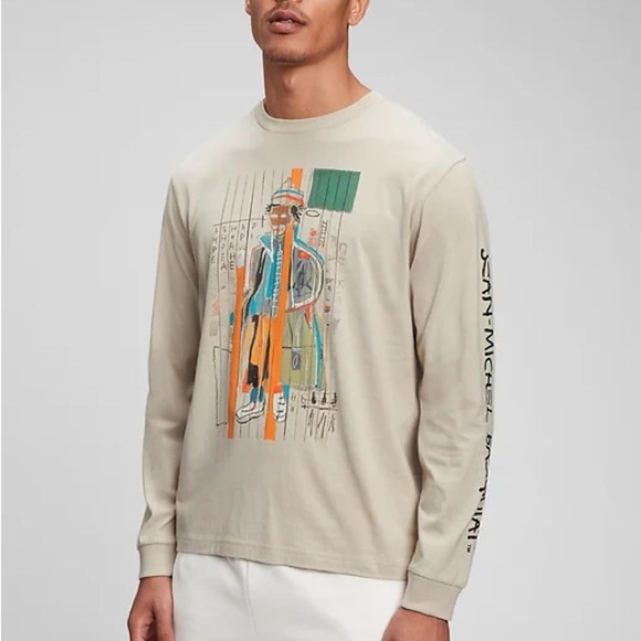 Gap‎ x Jean Michel Basquiat Men Shirt Tan Art Long Sleeve Crewneck Pullover - Picture 1 of 8
